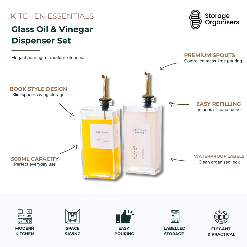 Glass Oil & Vinegar Dispenser Set – 2 Pack (500ml, Book Style)