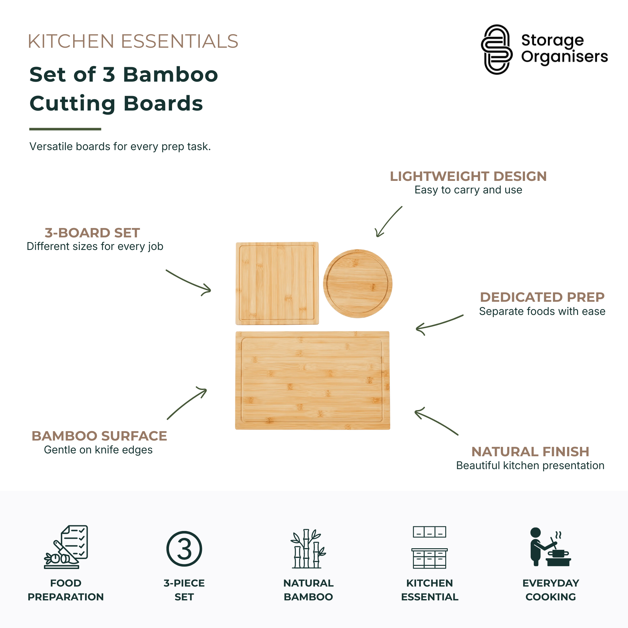 Set of 3 Bamboo Cutting Boards – Versatile and Durable Kitchen Essentials